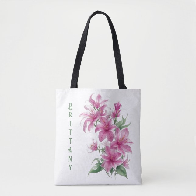 Bolsa Tote Flores de Lily Orientais Rosa Personalizadas (Frente)