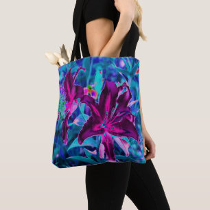 Bolsa Tote Flores de Lírio Oriental Abstratas Roxas e Rosa Qu