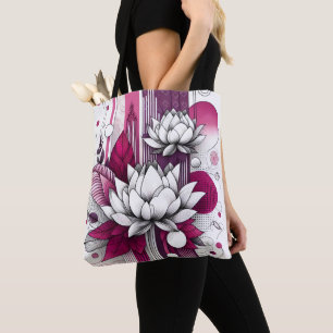 Bolsa Tote Flores de lótus em preto-e-branco magenta