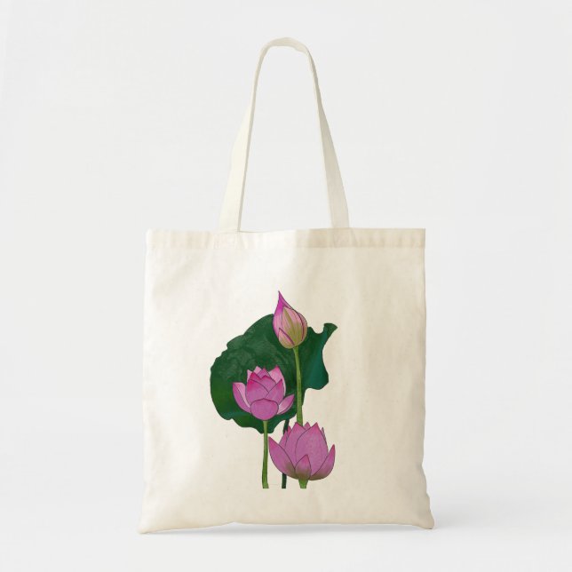 Bolsa Tote Flores de Lotus Rosa-Rosa, pintadas à mão (Frente)