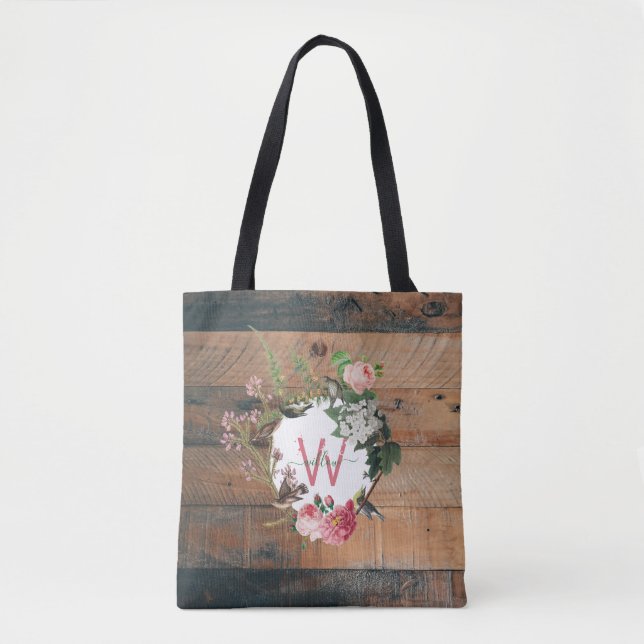 Bolsa Tote Flores De Madeira Rústica Monograma (Frente)