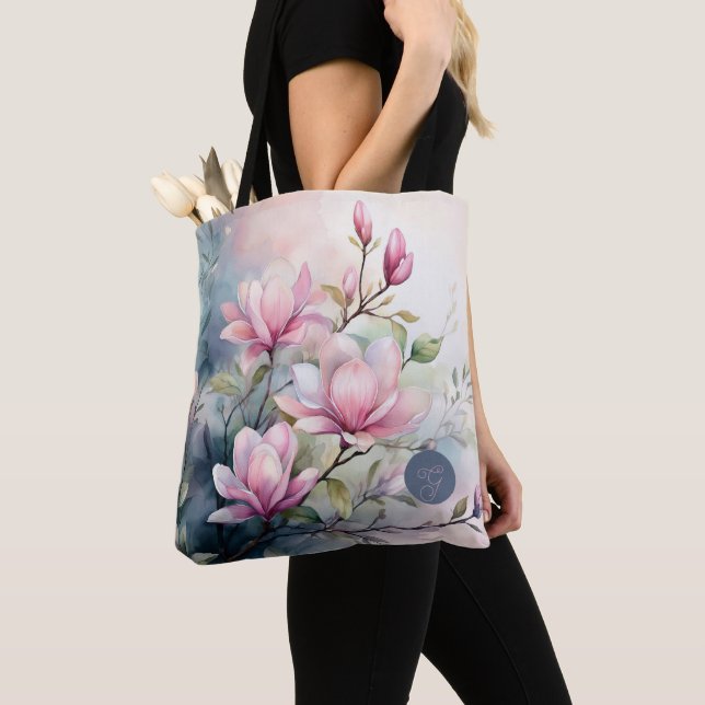 Bolsa Tote Flores de Magnólia Rosa Monograma Botânico (Close Up)