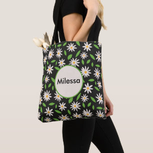 Bolsa Tote Flores de margarida retrô no nome personalizado pr