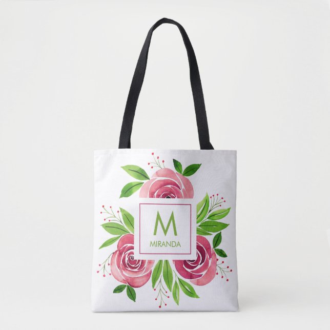 Bolsa Tote Flores de Monograma em Aquarela Rosa Personalizada (Frente)