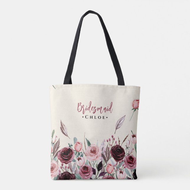 Bolsa Tote Flores de névoa e borgonha (Verso)