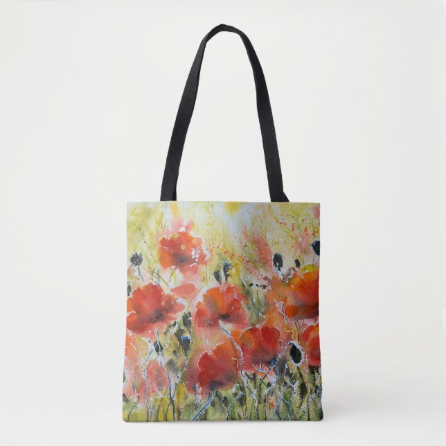 Bolsa Tote Flores de papoila vermelhas, cor d'água macia. (Frente)