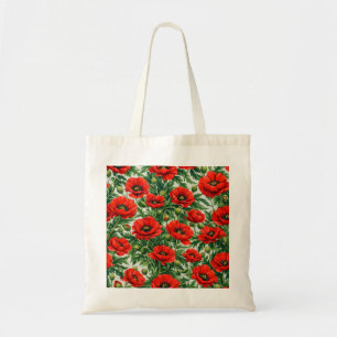 Bolsa Tote Flores de Papoula Vermelha e Folhagem Verde Botâni
