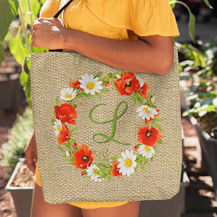 Bolsa Tote Flores de Papoula Vermelha Personalizadas Brancas
