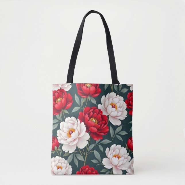 Bolsa Tote Flores de peônia vermelhas e brancas (Frente)