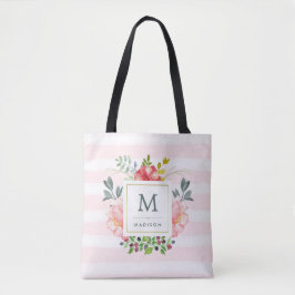 Bolsa Tote Flores de Peônias de Aquarelas com Monograma e Str