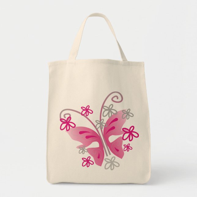 Bolsa Tote Flores De Prata De Borboleta Rosa Bonitas (Frente)