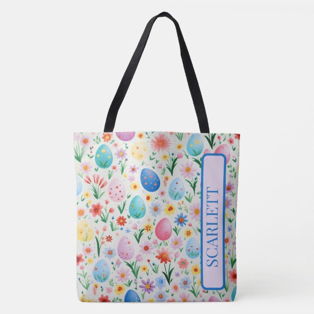 Bolsa Tote Flores de primavera e Ovos de Páscoa personalizado (Frente)