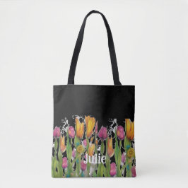 Bolsa Tote Flores de primavera personalizáveis em preto
