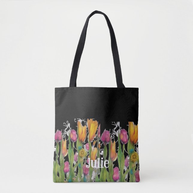 Bolsa Tote Flores de primavera personalizáveis em preto (Frente)