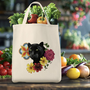 Bolsa Tote Flores de Retrato Jaguar Pretas