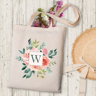 Bolsa Tote Flores de Rosa e Peônia Rosa em Aquarela Monograma