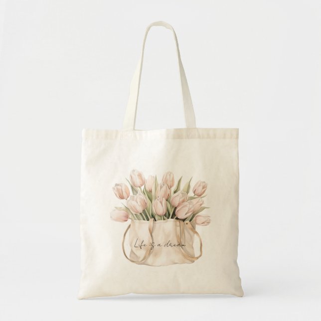 Bolsa Tote Flores de Tulipa Rosa Corado (Frente)