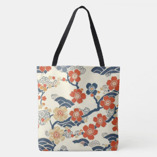 Bolsa Tote Flores de Ume Prunus Japonesa Onda Azul Creme