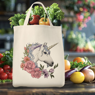Bolsa Tote Flores de Unicórnio Branco Enfeitiçado Rosa Preto