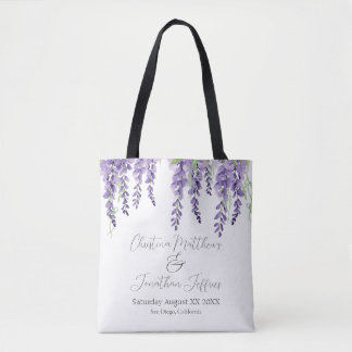 Bolsa Tote Flores de Wisteria Roxo em Branco Elegante