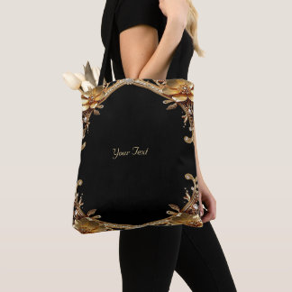 Bolsa Tote Flores Decorativas Douradas