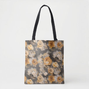 Bolsa Tote flores decorativas douradas monocromáticas em aqua