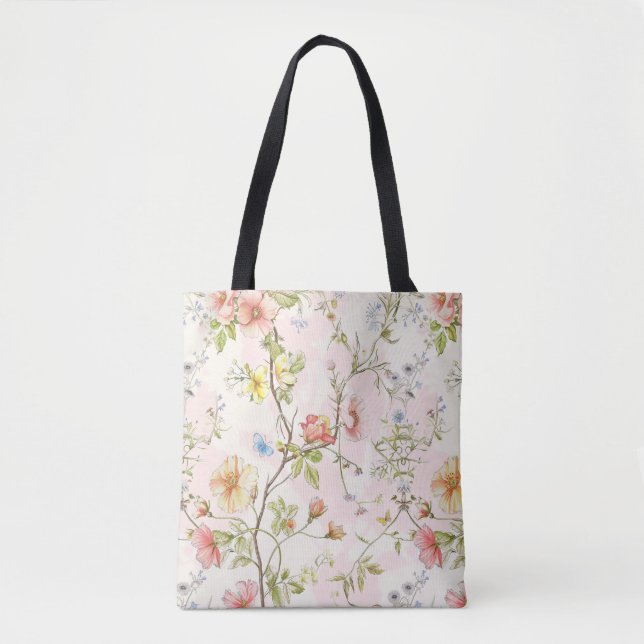 Bolsa Tote flores delicadas com borboleta no estilo chinês (Frente)