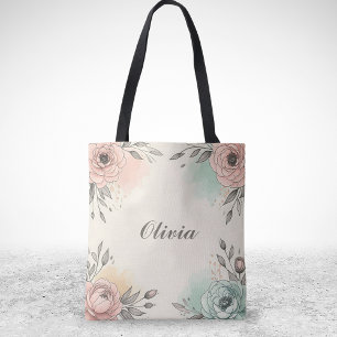 Bolsa Tote Flores Desenhos Charmosos em Aquarela