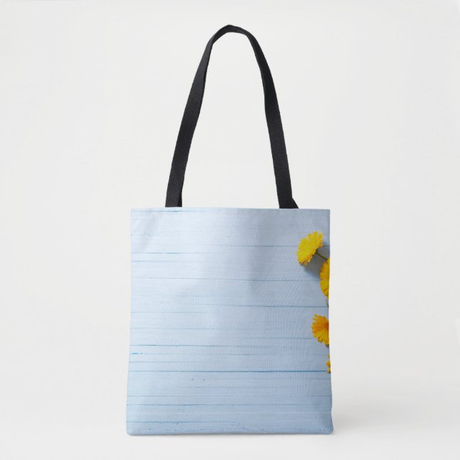 Bolsa Tote Flores do Calendário: Fundo de Madeira Azul (Frente)