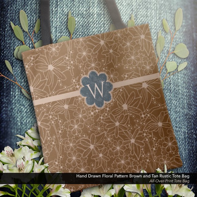 Bolsa Tote Flores-do-campo Padrões Desenhados de Mão Marrom R (Tote Bag: Rustic Hand Drawn Floral Pattern in Brown and Tan with Distressed Dark Blue Monogram.)