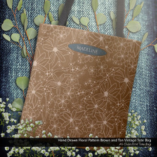 Bolsa Tote Flores-do-campo Padrões Desenhados de Mão Marrom R
