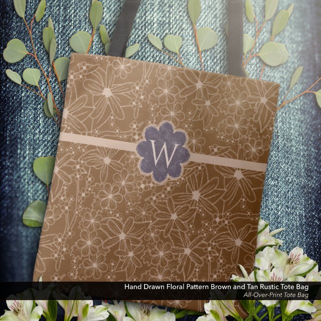 Bolsa Tote Flores-do-campo Padrões Desenhados de Mão Marrom R (Tote Bag: Rustic Hand Drawn Floral Pattern in Brown and Tan with Distressed Purple Monogram.)