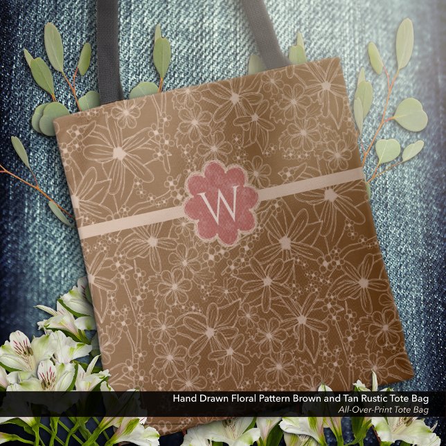 Bolsa Tote Flores-do-campo Padrões Desenhados de Mão Marrom R (Tote Bag: Rustic Hand Drawn Floral Pattern in Brown and Tan with Distressed Brick Red Monogram.)