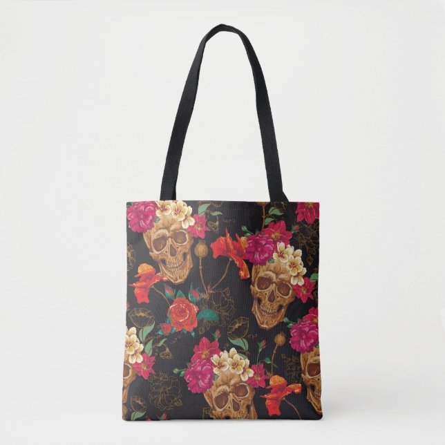 Bolsa Tote Flores Do Crânio: Fundo Escuro Sem Olhos. (Frente)