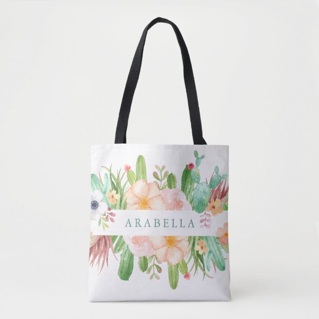 Bolsa Tote Flores do Succulent da aguarela no branco (Frente)