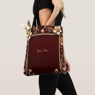 Bolsa Tote Flores Douradas Borgonha