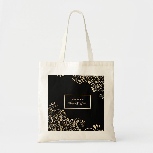 Bolsa Tote Flores Douradas Chic Elegantes, Quadro (Frente)