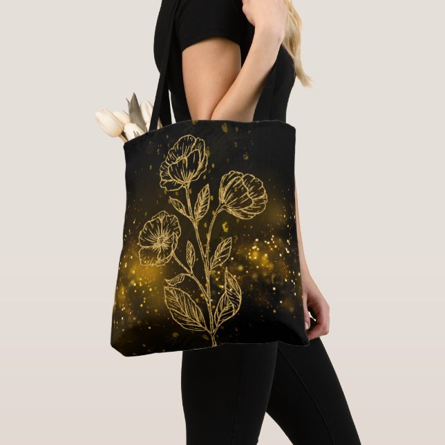 Bolsa Tote Flores Douradas do Saco de Totas Preto e Dourado (Close Up)