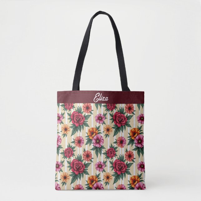 Bolsa Tote Flores Douradas e Vermelhas Rosa em faixas de esta (Frente)
