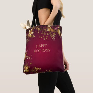 Bolsa Tote Flores Douradas Vermelhas e Burgundy Banheira de B