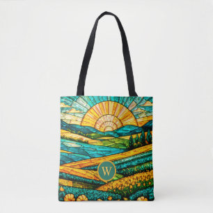 Bolsa Tote Flores Douradas Vidro Pintado Falso Campo Verde