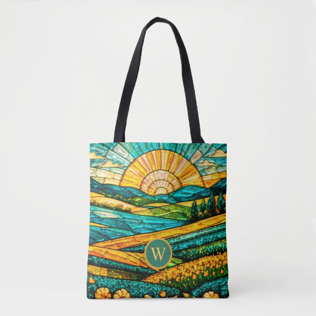 Bolsa Tote Flores Douradas Vidro Pintado Falso Campo Verde (Frente)
