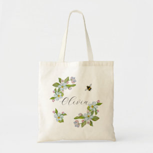 Bolsa Tote Flores e abelhão de árvore de jardim de aquarelas.