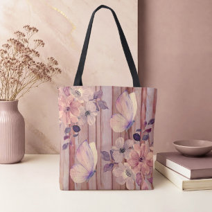 Bolsa Tote Flores e Borboletas de Madeira Rústica