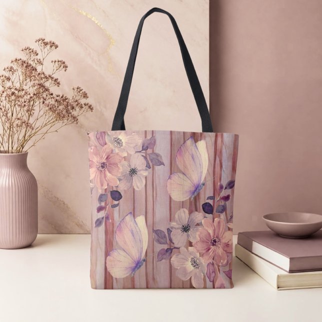 Bolsa Tote Flores e Borboletas de Madeira Rústica (Criador carregado)