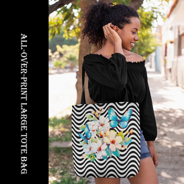 Bolsa Tote Flores e Borboletas Escuras e Brancas (Flowers & Butterfly Black & White Wavy Stripes Tote Bag, all-over-print, tote bag, shopping bag,)
