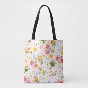 Bolsa Tote Flores E Conchas Tropicais Desenhadas À Mão