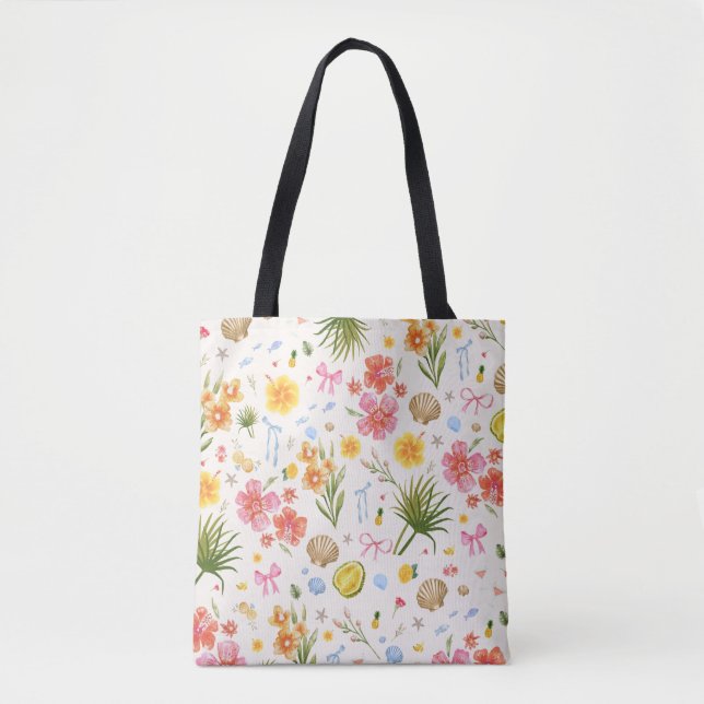 Bolsa Tote Flores E Conchas Tropicais Desenhadas À Mão (Frente)