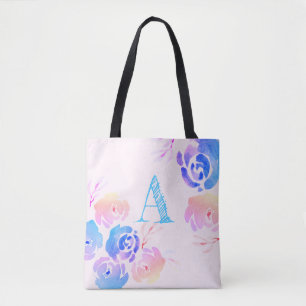 Bolsa Tote Flores e Folhagem de Cores d'Água Púrpura e Rosa