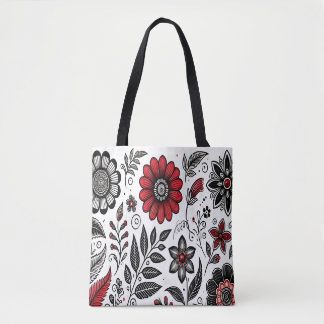 Bolsa Tote Flores e folhas rabiscadas em vermelho e preto (Frente)